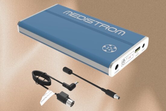 Blue Medistrom Pilot-24 Lite CPAP backup battery with charging cables shown on a neutral background.