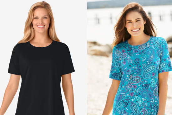 Two women in short-sleeve T-shirts—one in solid black, the other in a colorful paisley print—posing and smiling.