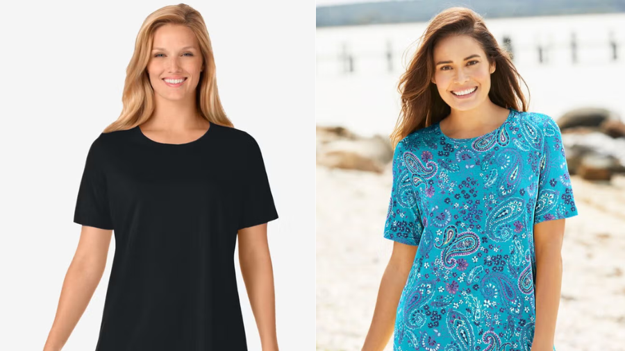 Two women in short-sleeve T-shirts—one in solid black, the other in a colorful paisley print—posing and smiling.