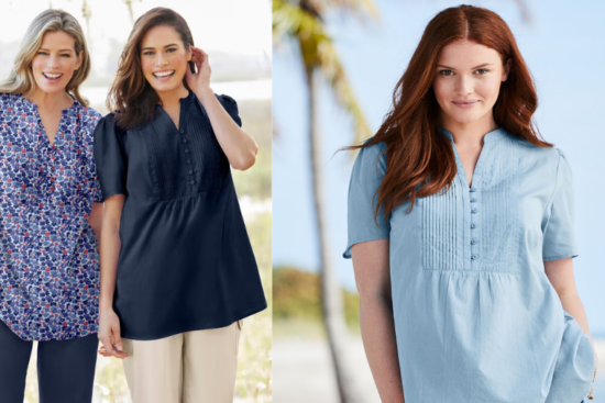 Three women wearing casual short-sleeve tops in floral, navy, and light blue, smiling outdoors.