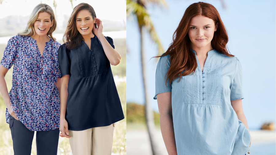 Three women wearing casual short-sleeve tops in floral, navy, and light blue, smiling outdoors.