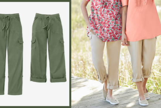 Olive green cargo pants shown flat and styled with rolled cuffs by two women walking outdoors.