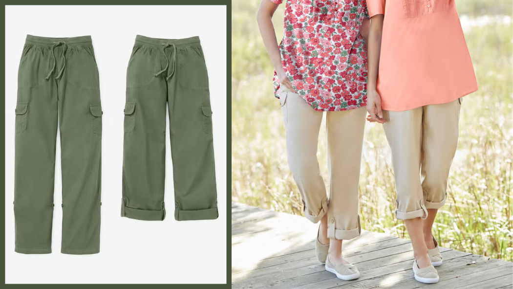 Olive green cargo pants shown flat and styled with rolled cuffs by two women walking outdoors.