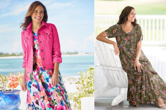 A woman at the beach wearing a pink jacket over a bright floral dress, and another woman seated in a chair in an olive green floral maxi dress.