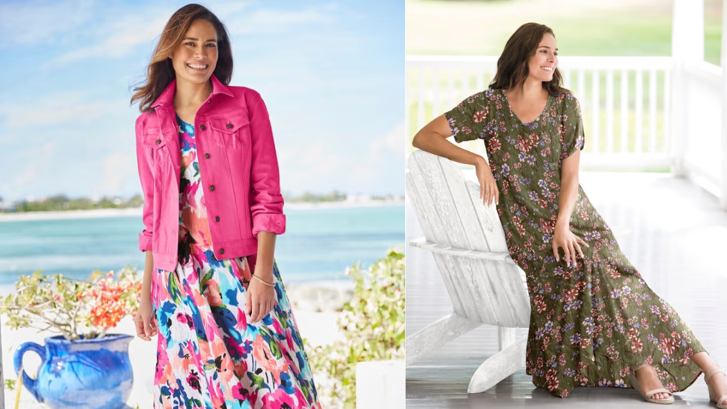 A woman at the beach wearing a pink jacket over a bright floral dress, and another woman seated in a chair in an olive green floral maxi dress.