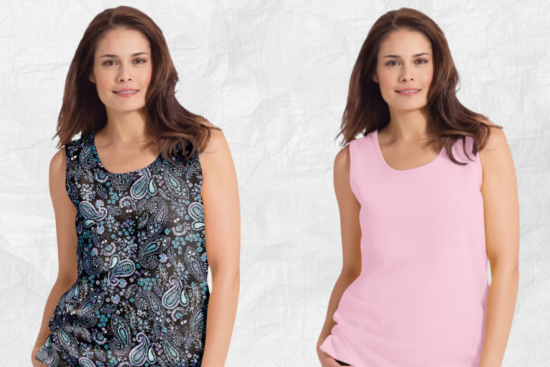 Woman modeling sleeveless tops, one in a black paisley print and one in solid light pink.