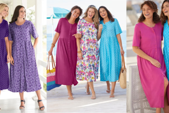 A group of women smiling and wearing colorful midi dresses in polka dots, florals, and solids, standing on a porch and boardwalk.