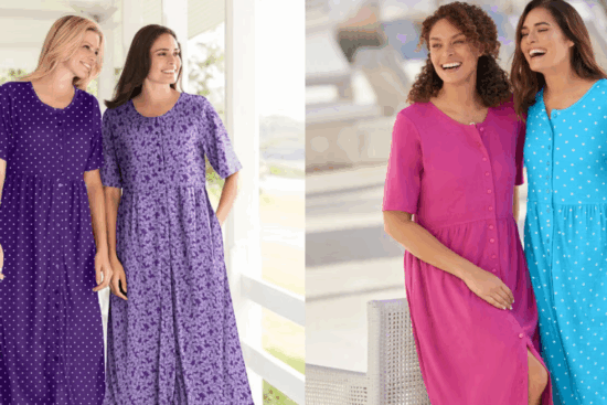 Four women standing on a porch and patio, dressed in bright purple, pink, and blue dresses with polka dots and floral patterns.