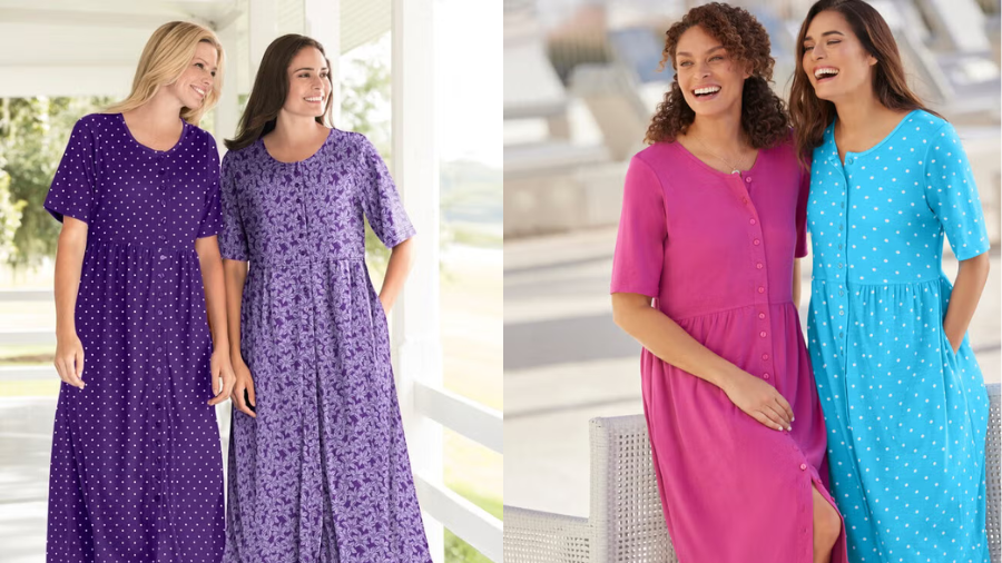 Four women standing on a porch and patio, dressed in bright purple, pink, and blue dresses with polka dots and floral patterns.