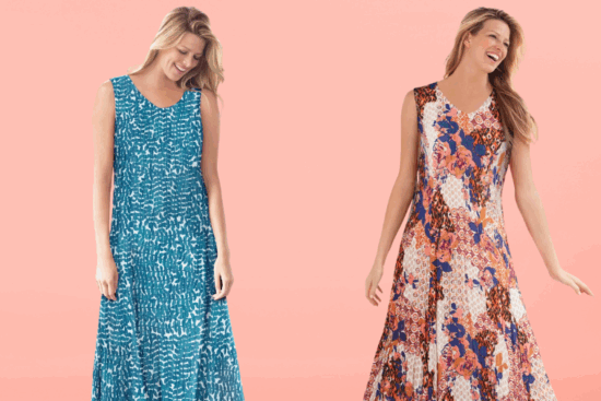 Two women smiling in colorful sleeveless summer dresses, one in teal with a white pattern and the other in a mixed floral print.