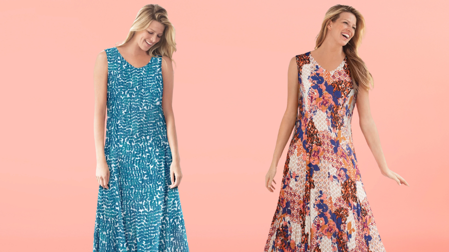 Two women smiling in colorful sleeveless summer dresses, one in teal with a white pattern and the other in a mixed floral print.