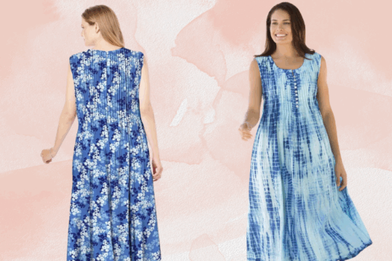 Two women modeling sleeveless blue and white summer dresses, one with a floral print and the other with a tie-dye pattern.