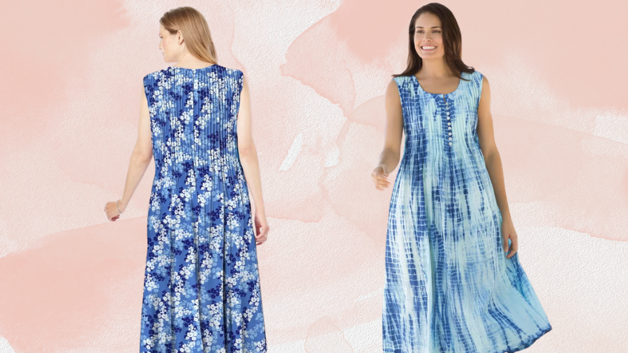 Two women modeling sleeveless blue and white summer dresses, one with a floral print and the other with a tie-dye pattern.