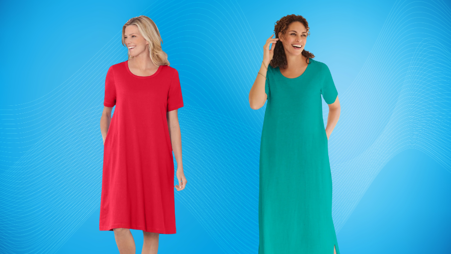 Two women smiling and wearing solid red and green short-sleeve dresses against a bright blue background.