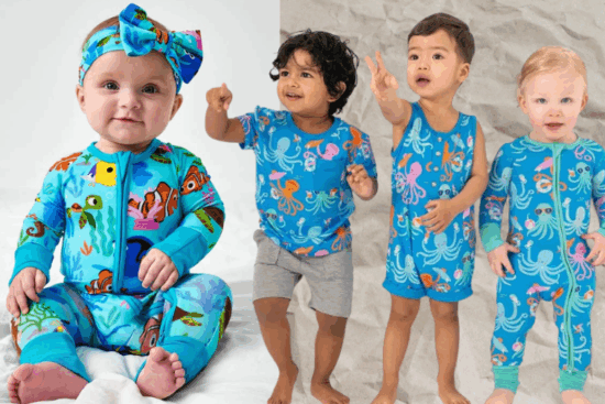 Four toddlers standing and sitting together, all wearing blue pajamas and rompers with bright ocean creature prints; one girl wears a matching headband.