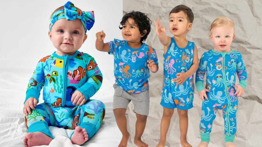 Four toddlers standing and sitting together, all wearing blue pajamas and rompers with bright ocean creature prints; one girl wears a matching headband.