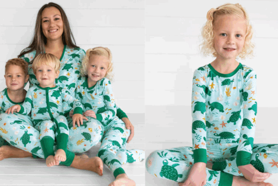 A mother and her three young children sitting together, all wearing light green pajamas decorated with turtles and underwater designs; on the right, a young girl poses alone in the same pajamas.