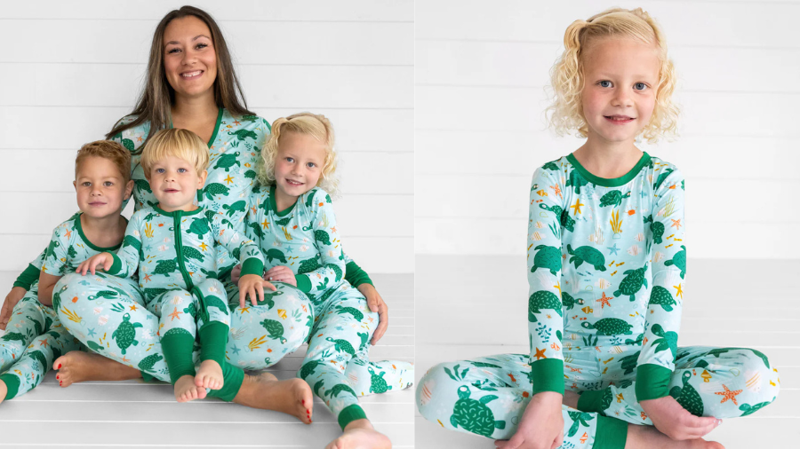 A mother and her three young children sitting together, all wearing light green pajamas decorated with turtles and underwater designs; on the right, a young girl poses alone in the same pajamas.