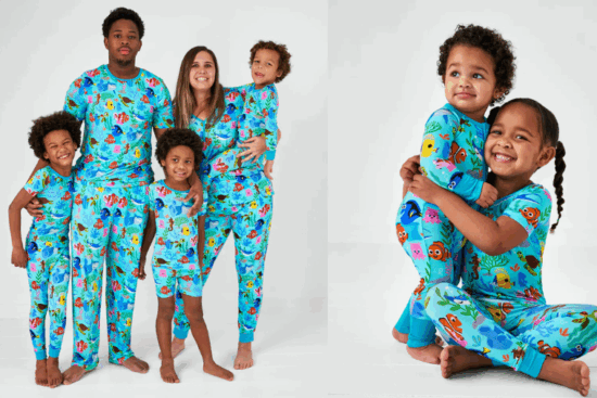 A family of five, including two adults and three children, all wearing bright blue matching pajamas with colorful sea creature prints, posing and smiling together.