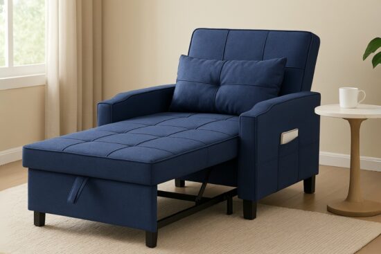 Blue Karl Home Convertible Sleeper Chair shown fully extended with a pillow, side pocket, and modern design for small space living.