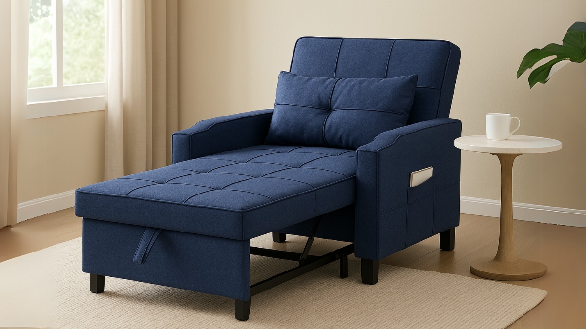 Blue Karl Home Convertible Sleeper Chair shown fully extended with a pillow, side pocket, and modern design for small space living.
