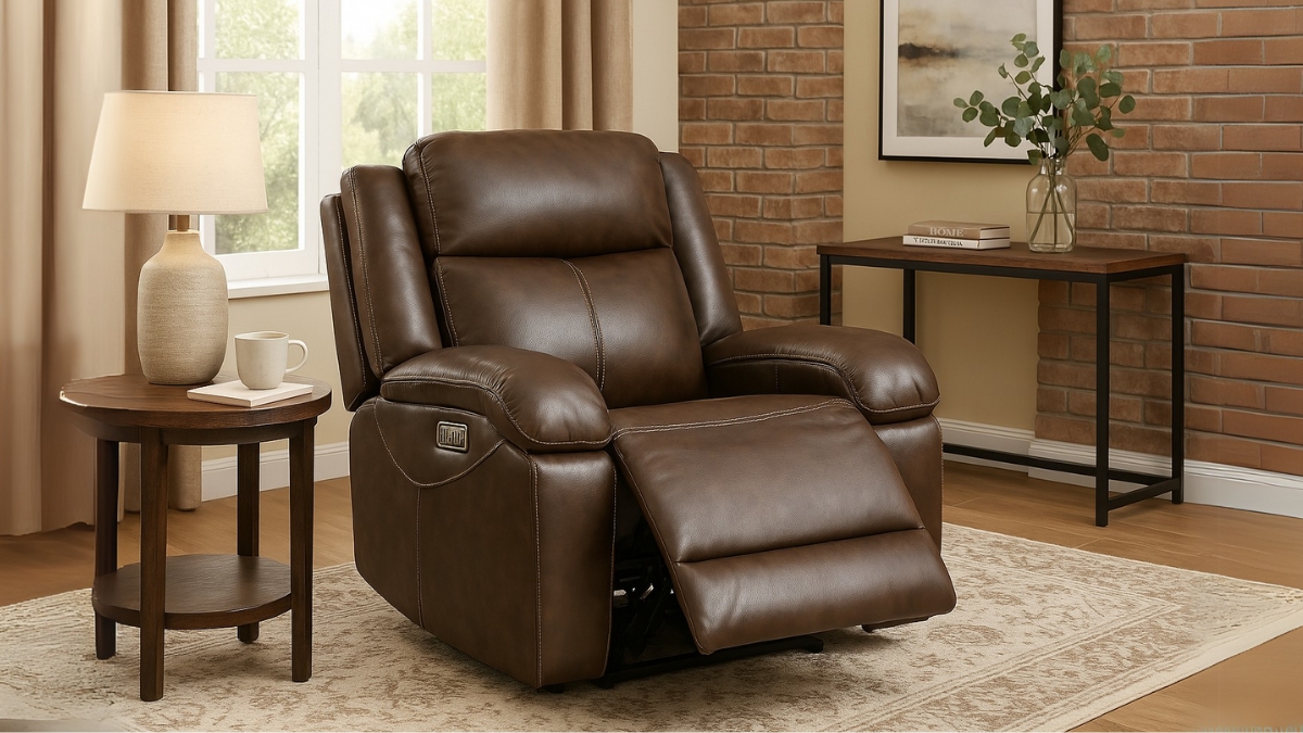 Brown genuine leather power recliner chair with footrest extended, placed in a cozy living room next to a side table and window.