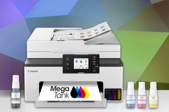 Canon MAXIFY GX2020 MegaTank printer with touchscreen, refillable ink bottles, and document feeder shown printing a color page.