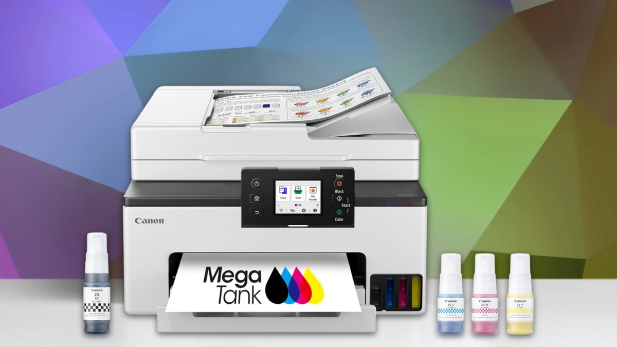 Canon MAXIFY GX2020 MegaTank printer with touchscreen, refillable ink bottles, and document feeder shown printing a color page.