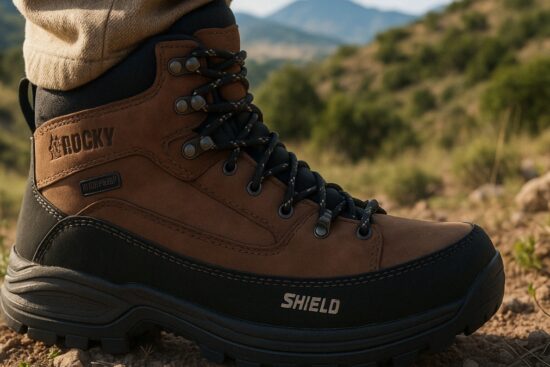 Close-up of a brown and black Rocky hiking boot with SHIELD protection, worn outdoors on a rocky trail.