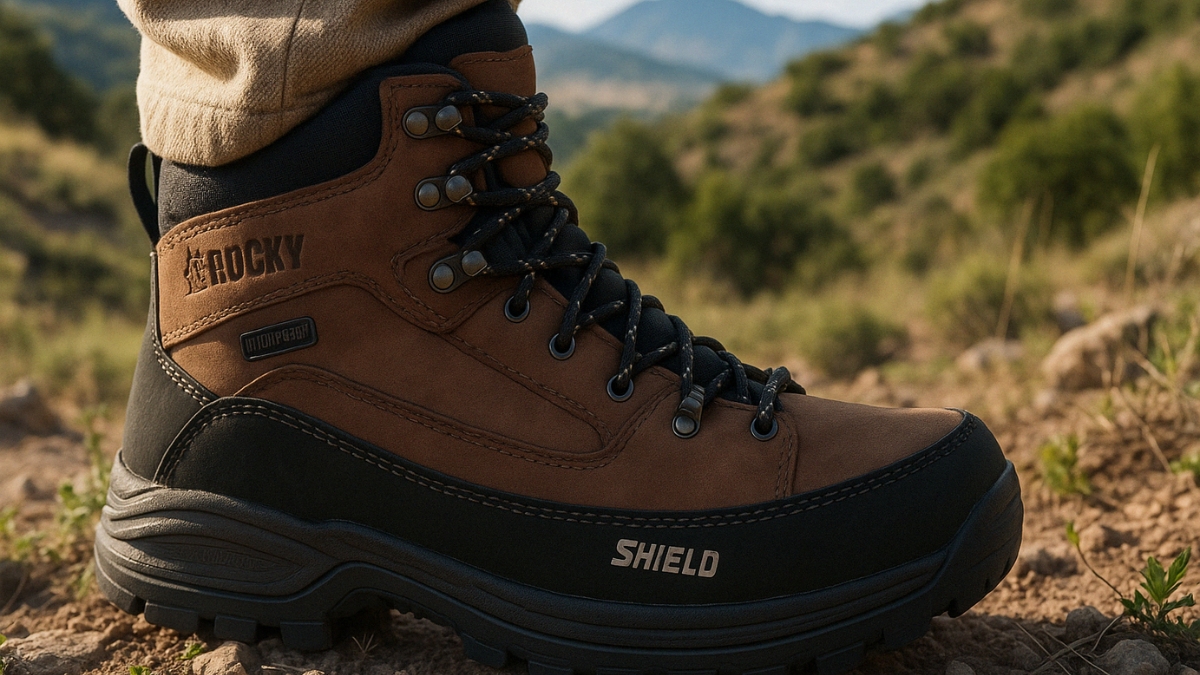 Close-up of a brown and black Rocky hiking boot with SHIELD protection, worn outdoors on a rocky trail.