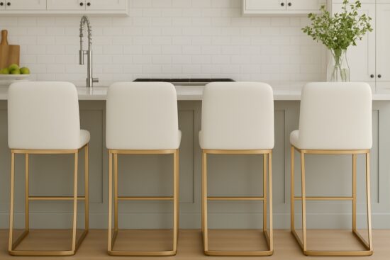 Four PHI VILLA white bar stools with gold metal frames lined up at a modern kitchen island with light cabinets and a clean, bright look.