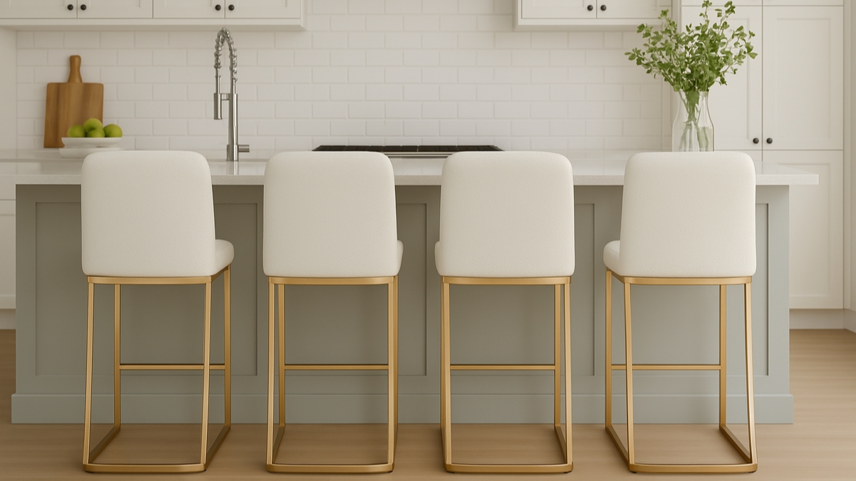 Four PHI VILLA white bar stools with gold metal frames lined up at a modern kitchen island with light cabinets and a clean, bright look.