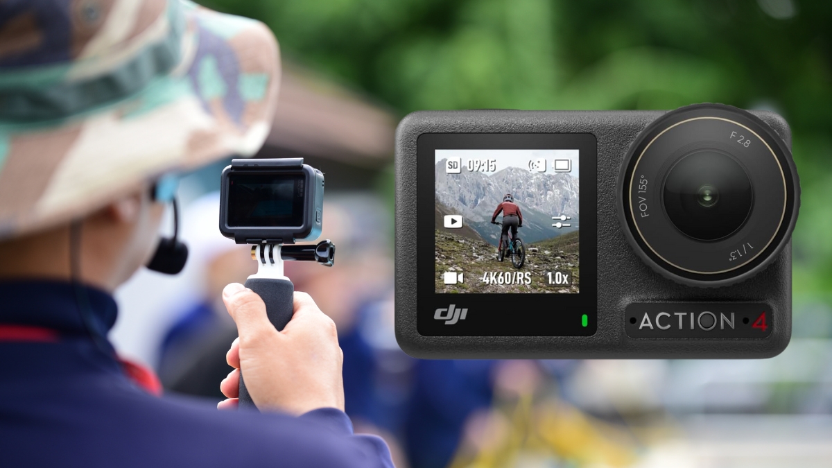 Person filming with an action camera while a DJI Osmo Action 4 displays a mountain biking scene on its screen.