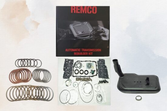 Remco 6L80E transmission rebuild kit with clutches, gaskets, filter, and seals displayed on a light background.