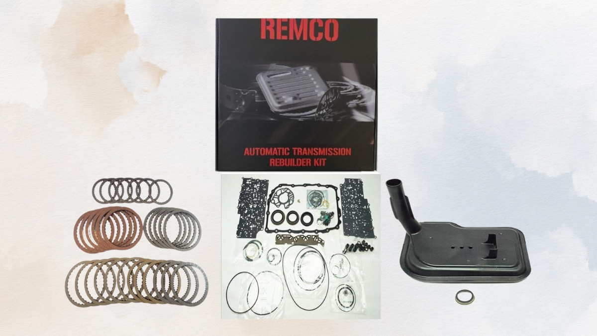 Remco 6L80E transmission rebuild kit with clutches, gaskets, filter, and seals displayed on a light background.
