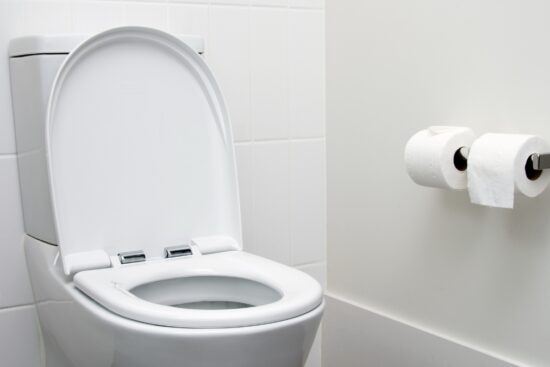 Modern white toilet with two rolls of toilet paper mounted on the wall nearby.