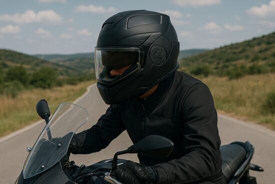 A motorcyclist wearing a matte black LS2 modular motorcycle helmet rides on a country road surrounded by green hills.