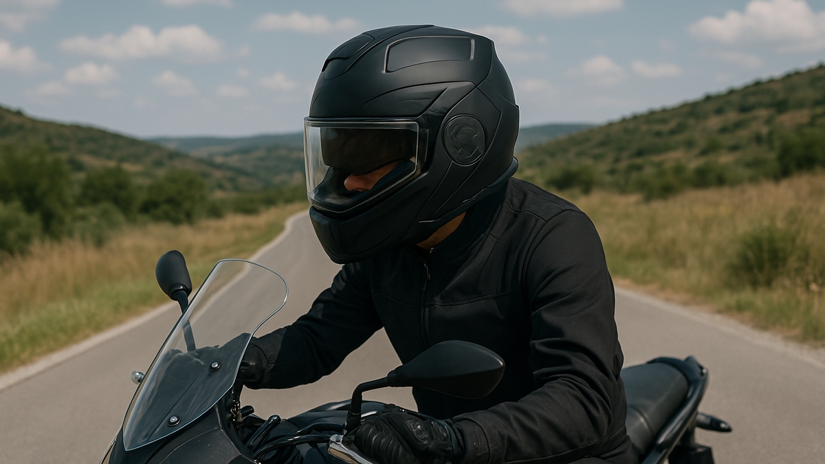 A motorcyclist wearing a matte black LS2 modular motorcycle helmet rides on a country road surrounded by green hills.