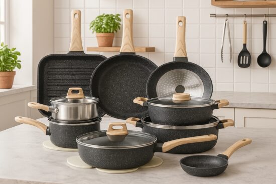 Black granite CAROTE nonstick cookware set with wooden handles arranged neatly on a kitchen counter.