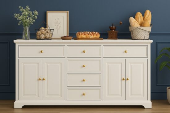 White farmhouse buffet cabinet with drawers and doors, styled with bread, decor, and kitchen items, against a dark blue wall.