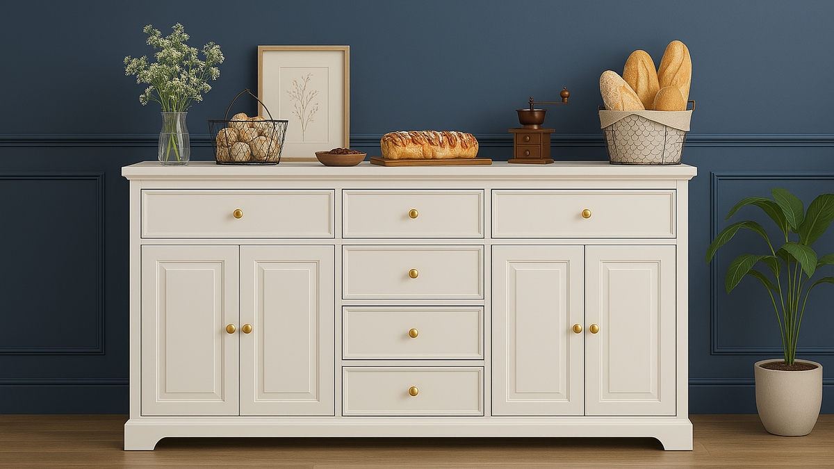White farmhouse buffet cabinet with drawers and doors, styled with bread, decor, and kitchen items, against a dark blue wall.