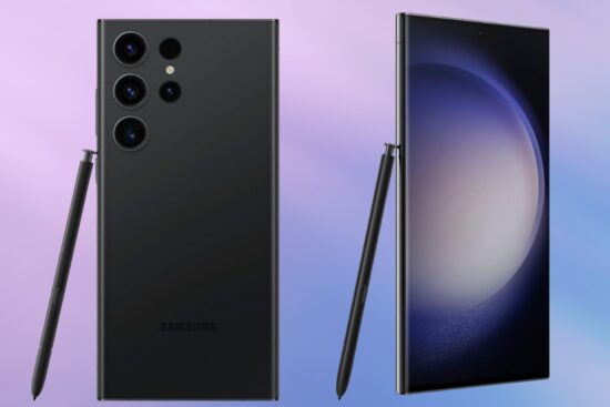 Back and front view of the SAMSUNG Galaxy S23 Ultra 5G Unlocked in Phantom Black with its built-in S Pen.