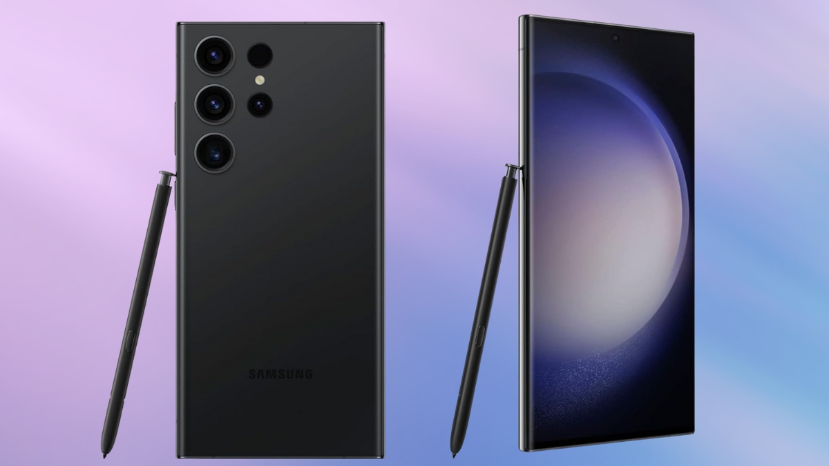 Back and front view of the SAMSUNG Galaxy S23 Ultra 5G Unlocked in Phantom Black with its built-in S Pen.