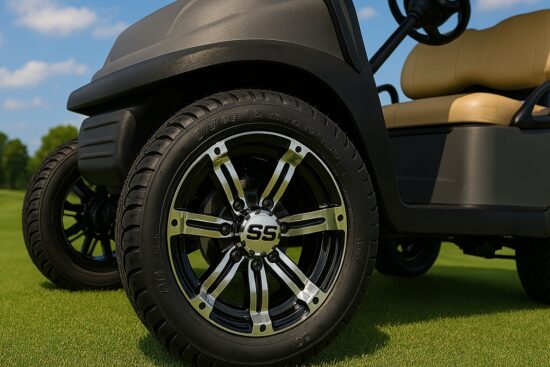 Close-up of a golf cart featuring black machined wheels with 215/35-12 tires on a grassy course.