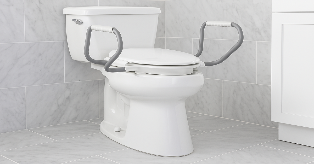 White toilet with a Bemis raised toilet seat and gray support handles installed in a tiled bathroom for added comfort and safety.