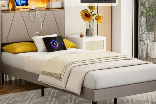 LIKIMIO Twin XL Bed Frames, Storage Headboard with Charging Station.