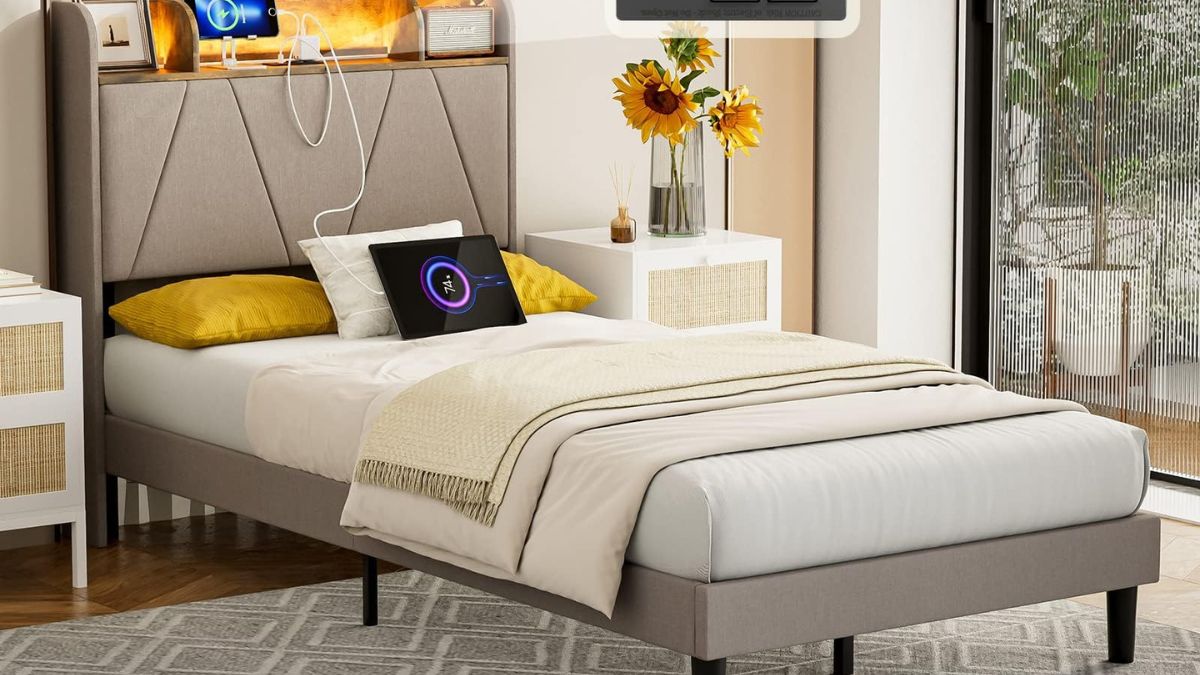 LIKIMIO Twin XL Bed Frames, Storage Headboard with Charging Station.