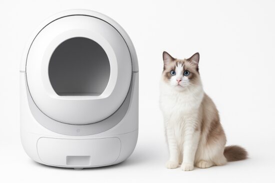 White self-cleaning cat litter box next to a fluffy cat with blue eyes on a white background.
