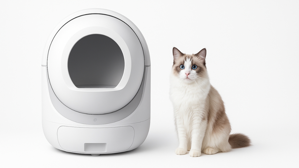 White self-cleaning cat litter box next to a fluffy cat with blue eyes on a white background.