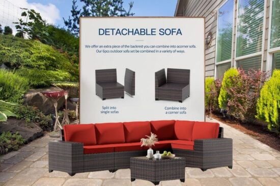 Kullavik 6PCS Outdoor Patio Furniture Set PE Wicker Rattan Sectional Sofa Patio Conversation Sets,Red Size:Red.